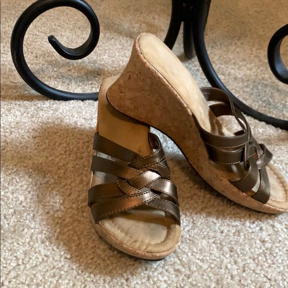 Bronze Woven Leather and Cork Wedges